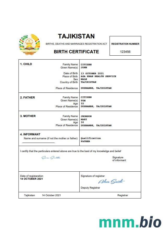 Tajikistan rekord życiowy narodziny certyfikat Word i PDF szablon
